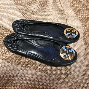 Tory Burch Black Flats with Gold Logo Size 10